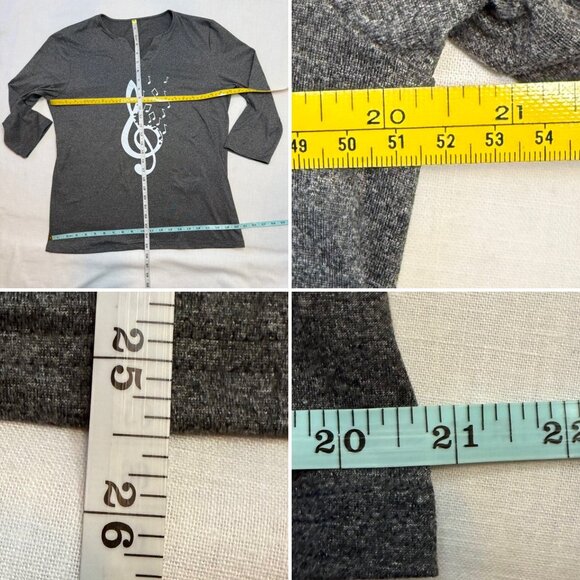 Treble Clef Music Note Top Size L Charcoal Gray Musiccore Graphic Tee 3/4 Sleeve - Picture 6 of 11